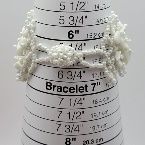 White Milk Glass And Seed Bead Woven Macrame Toggle Bracelet 6.5" Boho Surfer - Picture 5 of 5